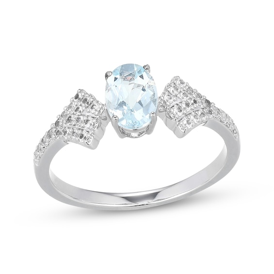 Oval-Cut Aquamarine & White Lab-Created Sapphire Fancy Shank Ring Sterling Silver