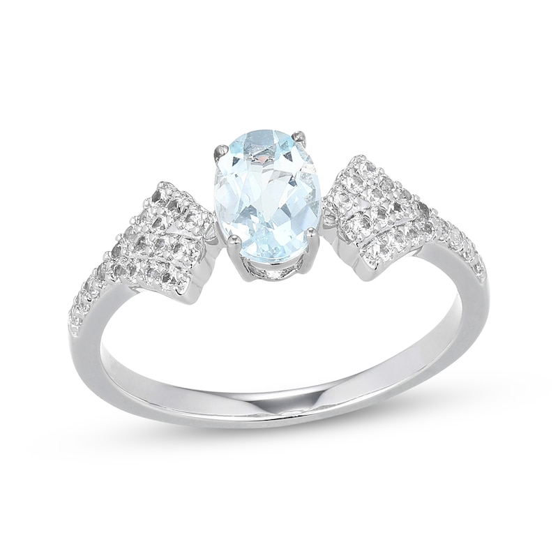 Main Image 1 of Oval-Cut Aquamarine & White Lab-Created Sapphire Fancy Shank Ring Sterling Silver