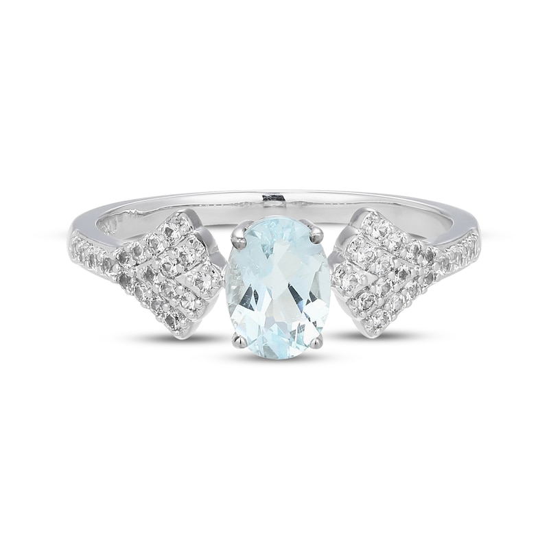 Main Image 3 of Oval-Cut Aquamarine & White Lab-Created Sapphire Fancy Shank Ring Sterling Silver