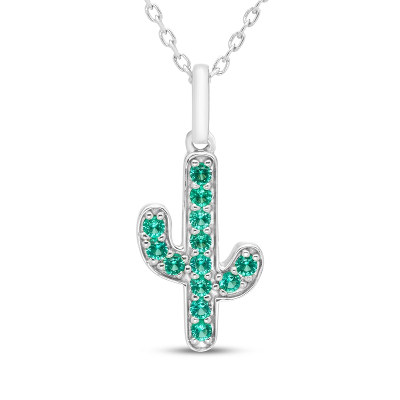 Main Image 1 of Lab-Created Emerald Cactus Necklace Sterling Silver 18"