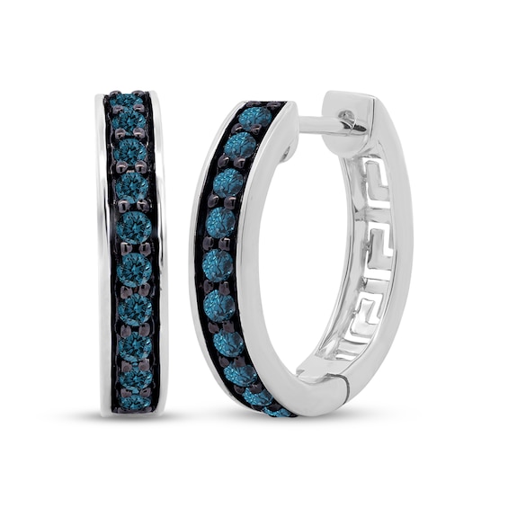Men's Blue Diamond Huggie Hoop Earrings 1/2 ct tw Sterling Silver