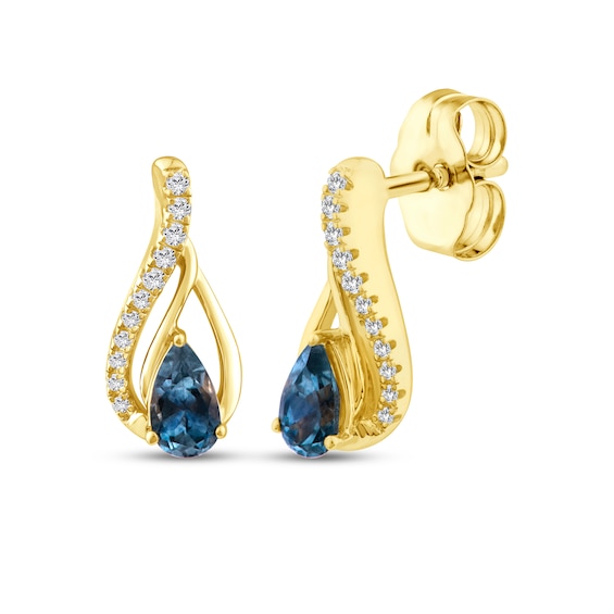 American Blue Sapphire & Diamond Flame-Shaped Earrings 1/15 ct tw 10K Yellow Gold