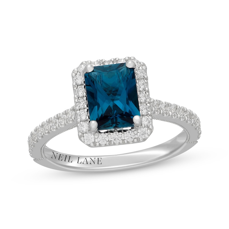 Main Image 1 of Neil Lane Radiant-Cut London Blue Topaz & Diamond Halo Engagement Ring 1/2 ct tw 14K White Gold