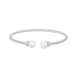 Cultured Pearl & White Lab-Created Sapphire Twist Cuff Bangle Bracelet Sterling Silver 6.75"