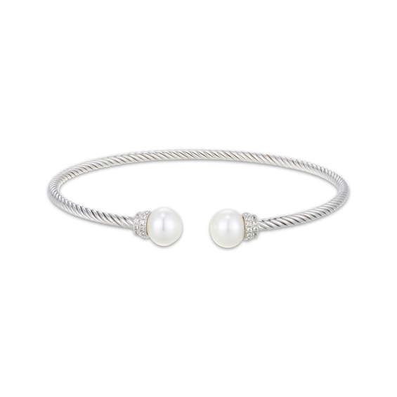 Cultured Pearl & White Lab-Created Sapphire Twist Cuff Bangle Bracelet Sterling Silver 6.75"