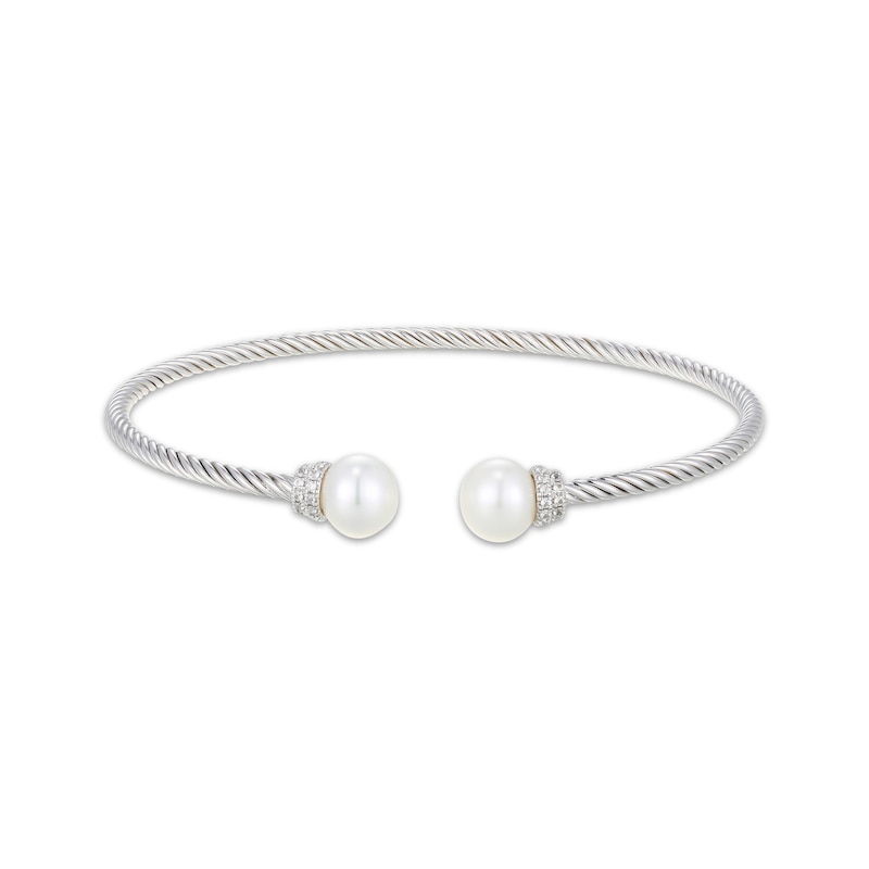 Main Image 1 of Cultured Pearl & White Lab-Created Sapphire Twist Cuff Bangle Bracelet Sterling Silver 6.75"