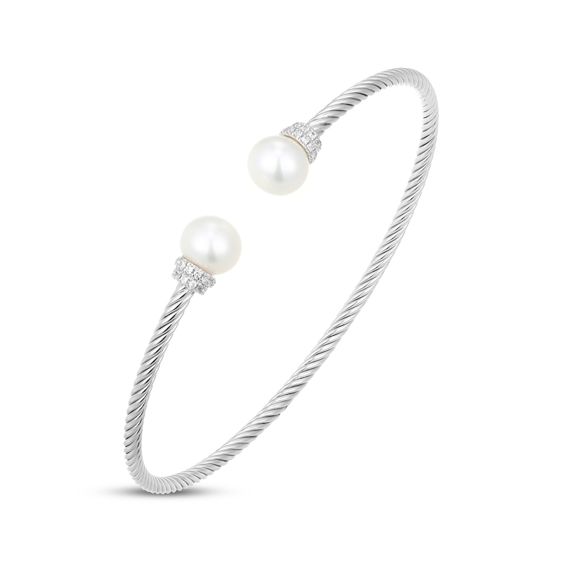 Main Image 2 of Cultured Pearl & White Lab-Created Sapphire Twist Cuff Bangle Bracelet Sterling Silver 6.75"