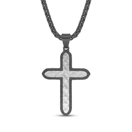 Men's Textured Cross Necklace Stainless Steel & Black Ion Plating 24"