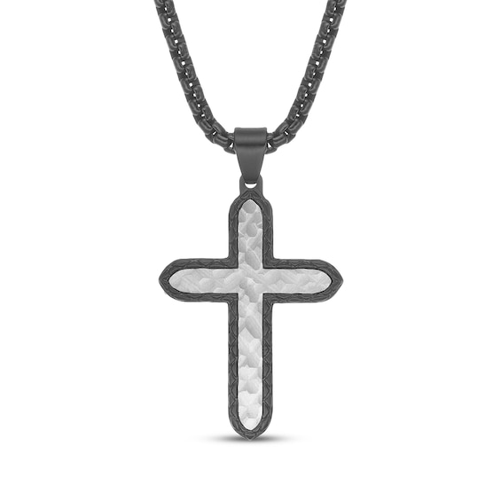 Men's Textured Cross Necklace Stainless Steel & Black Ion Plating 24"