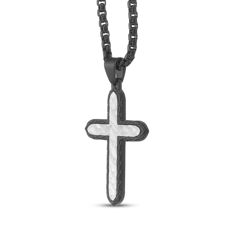Main Image 2 of Men's Textured Cross Necklace Stainless Steel & Black Ion Plating 24"