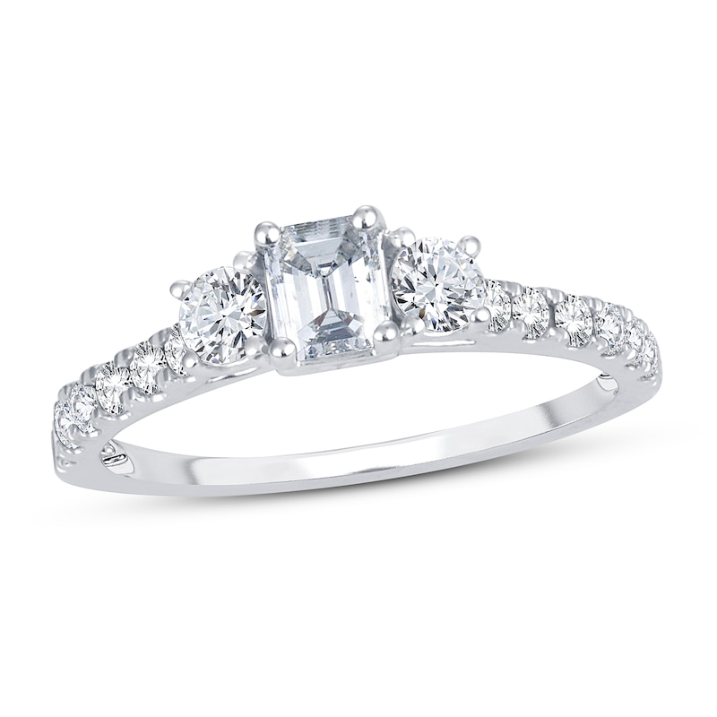 Main Image 1 of Memories Moments Magic 3-Stone Diamond Engagement Ring 1 ct tw Emerald & Round 14K White Gold