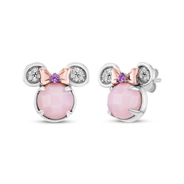Disney Treasures Minnie Mouse Pink Opal, Pink Lab-Created Sapphire & Diamond Stud Earrings 1/20 ct tw Sterling Silver & 10K Rose Gold