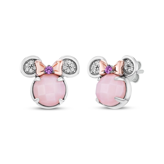 Disney Treasures Minnie Mouse Pink Opal, Pink Lab-Created Sapphire & Diamond Stud Earrings 1/20 ct tw Sterling Silver & 10K Rose Gold