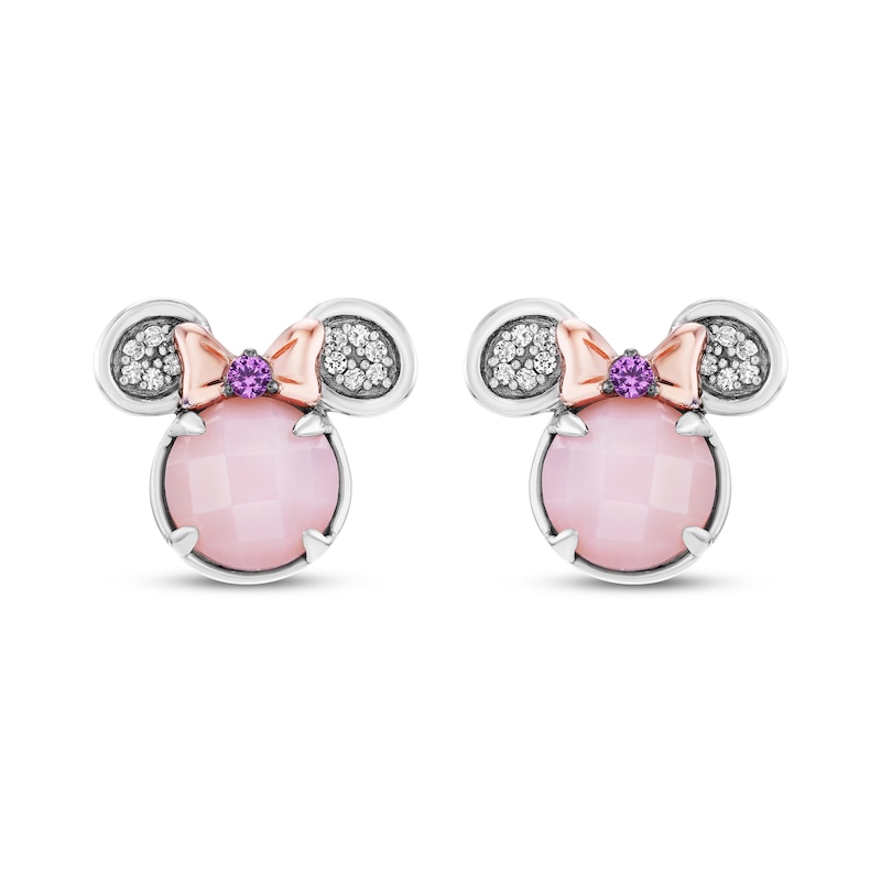 Main Image 2 of Disney Treasures Minnie Mouse Pink Opal, Pink Lab-Created Sapphire & Diamond Stud Earrings 1/20 ct tw Sterling Silver & 10K Rose Gold