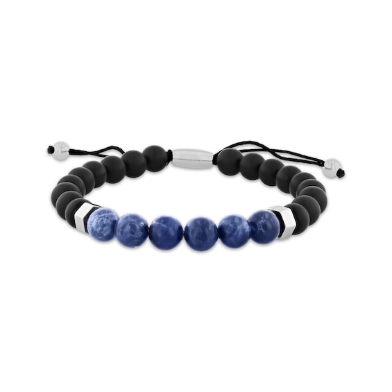 Men's Sodalite & Onyx Bead Bolo Bracelet Stainless Steel 10.5"