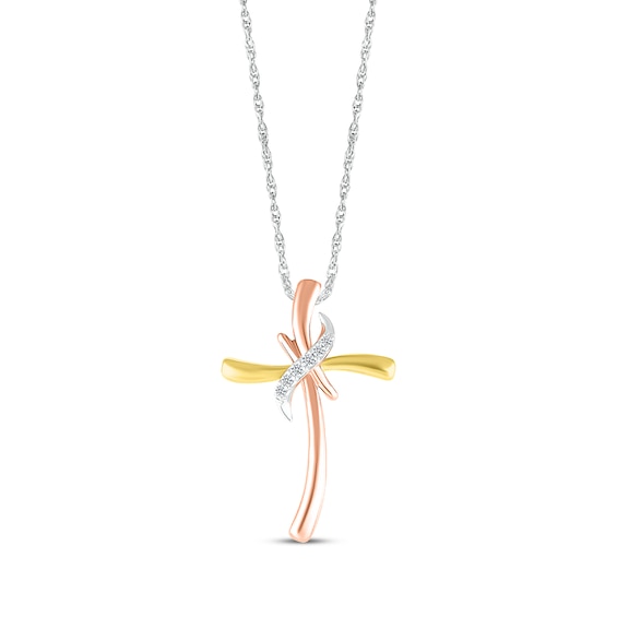 Diamond Wavy Cross Necklace 1/20 ct tw 10K Tri-Tone Gold 18"