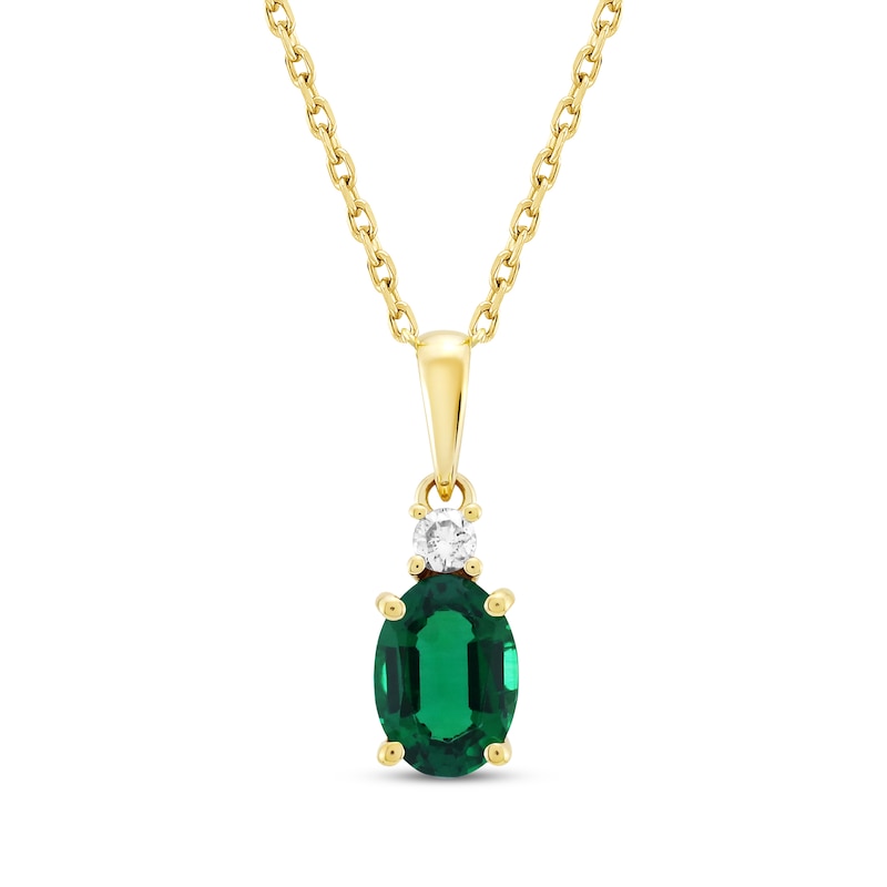 Oval-Cut Lab-Created Emerald & Diamond Necklace 1/20 ct tw 10K Yellow Gold