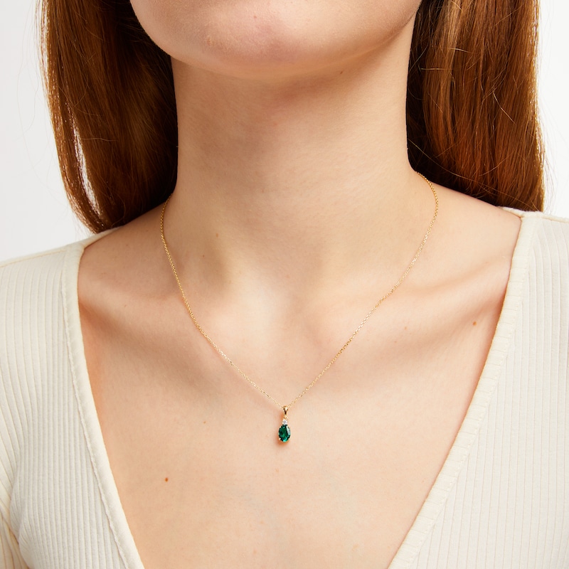 Main Image 3 of Oval-Cut Lab-Created Emerald & Diamond Necklace 1/20 ct tw 10K Yellow Gold