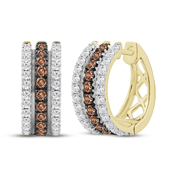 Men's Brown & White Diamond Huggie Hoop Earrings 1 ct tw 10K Yellow Gold