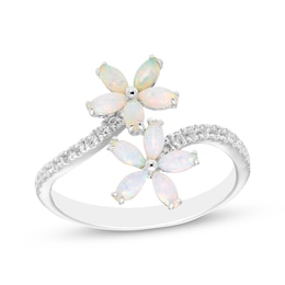 Marquise-Cut Lab-Created Opal & White Lab-Created Sapphire Flower Bypass Ring Sterling Silver