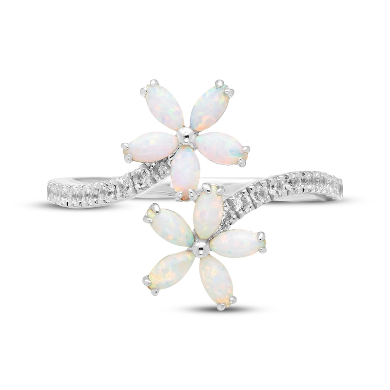 Main Image 3 of Marquise-Cut Lab-Created Opal & White Lab-Created Sapphire Flower Bypass Ring Sterling Silver