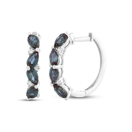 Pear-Shaped Lab-Created Alexandrite & White Lab-Created Sapphire Tilted Hoop Earrings Sterling Silver