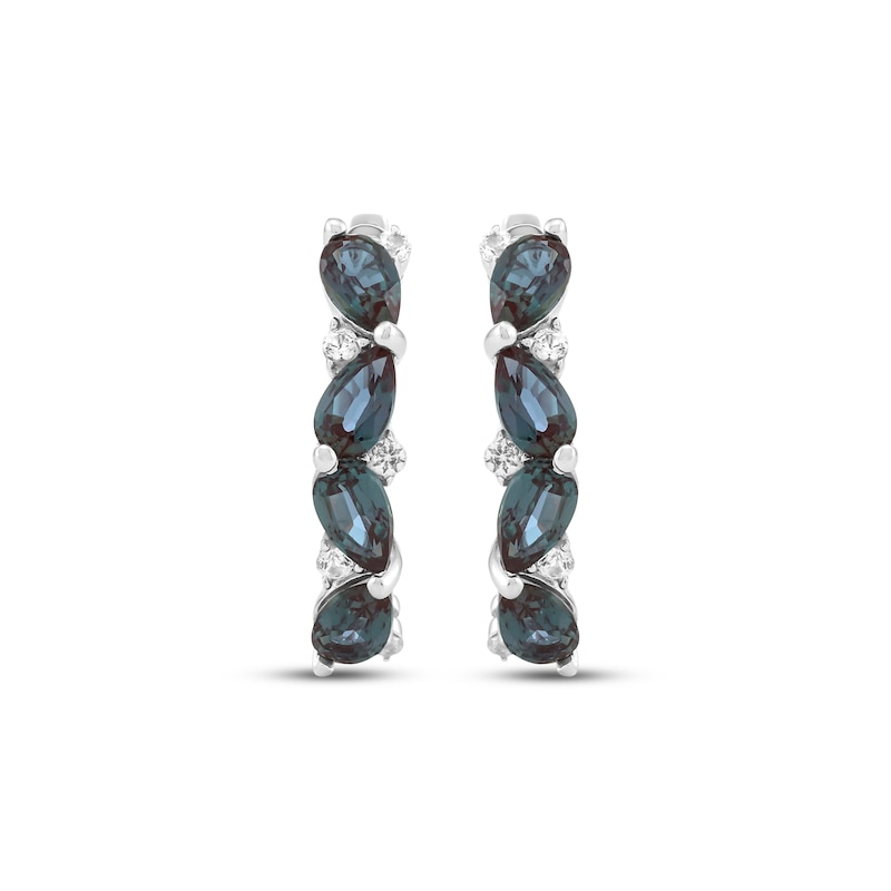 Main Image 2 of Pear-Shaped Lab-Created Alexandrite & White Lab-Created Sapphire Tilted Hoop Earrings Sterling Silver