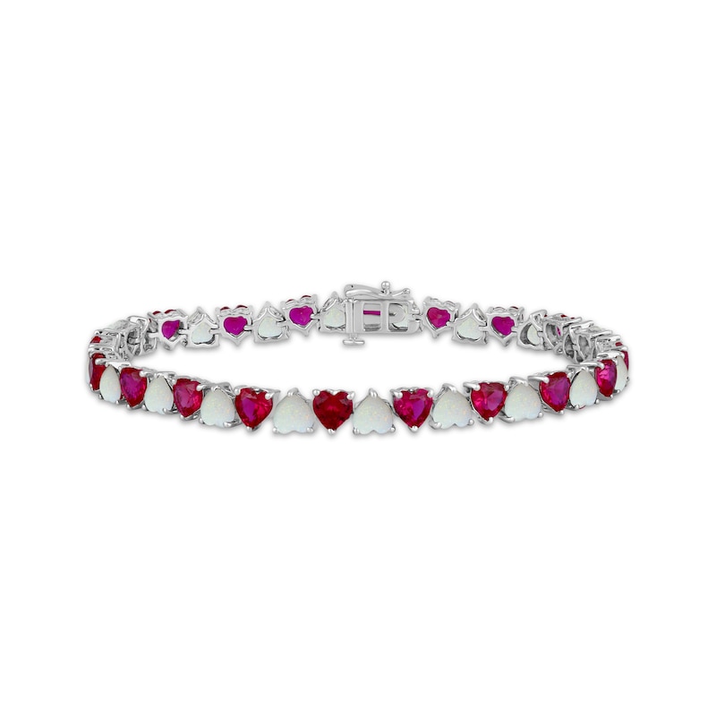 Main Image 1 of Heart-Shaped Lab-Created Opal & Lab-Created Ruby Tennis Bracelet Sterling Silver 7.5&quot;