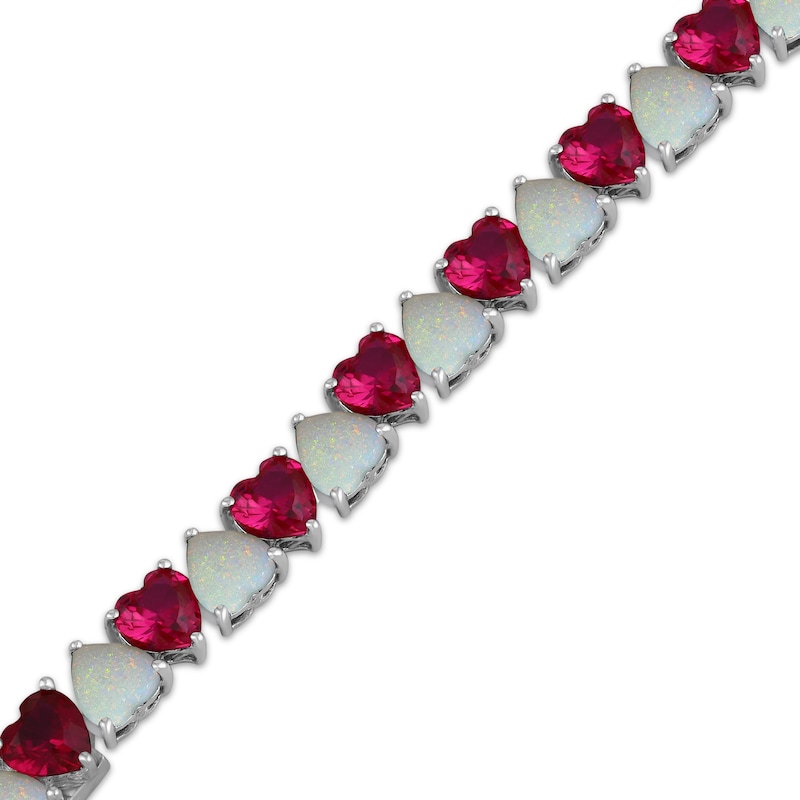 Main Image 2 of Heart-Shaped Lab-Created Opal & Lab-Created Ruby Tennis Bracelet Sterling Silver 7.5&quot;