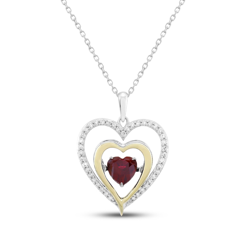 Main Image 1 of Lab-Created Ruby & Diamond Double Heart Necklace 1/5 ct tw Sterling Silver & 10K Yellow Gold 18&quot;