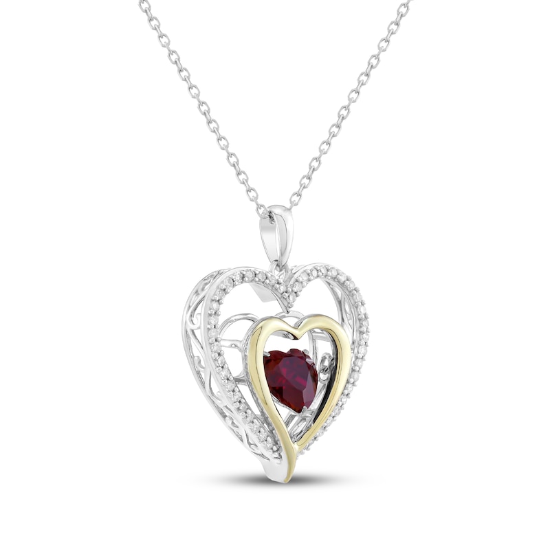 Main Image 2 of Lab-Created Ruby & Diamond Double Heart Necklace 1/5 ct tw Sterling Silver & 10K Yellow Gold 18&quot;