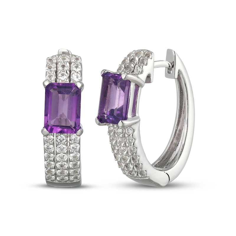 Main Image 1 of Emerald-Cut Amethyst & White Lab-Created Sapphire Huggie Hoop Earrings Sterling Silver