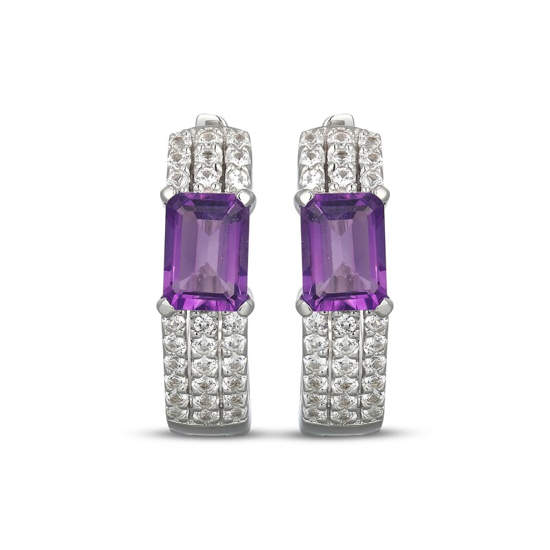 Main Image 2 of Emerald-Cut Amethyst & White Lab-Created Sapphire Huggie Hoop Earrings Sterling Silver