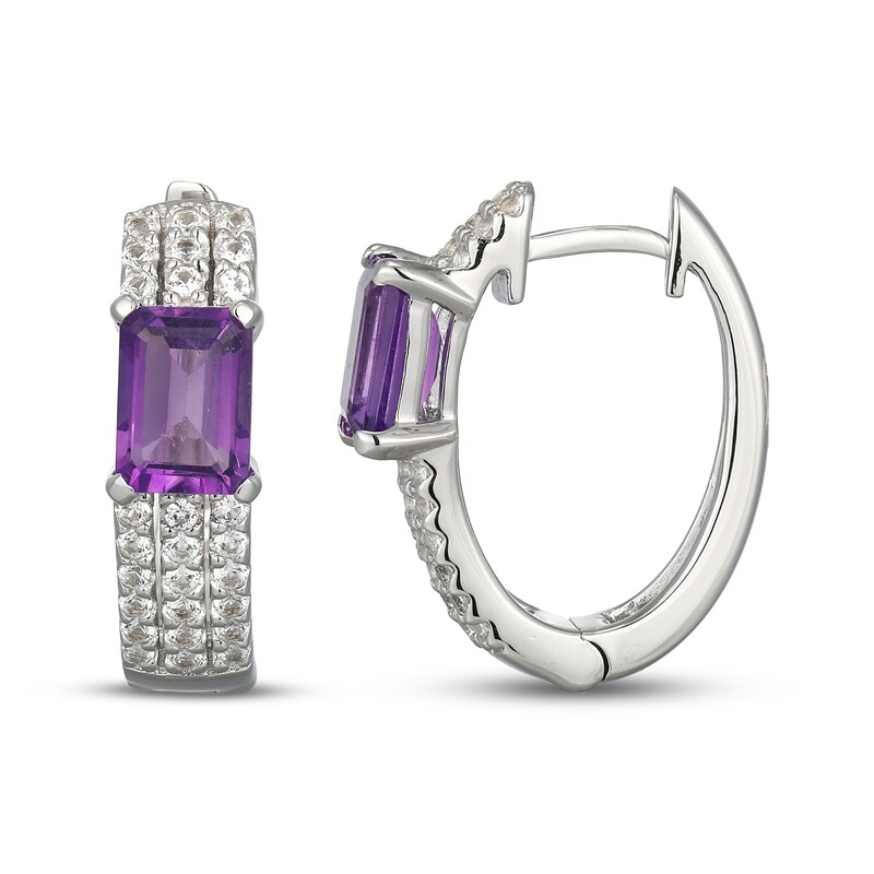 Main Image 3 of Emerald-Cut Amethyst & White Lab-Created Sapphire Huggie Hoop Earrings Sterling Silver