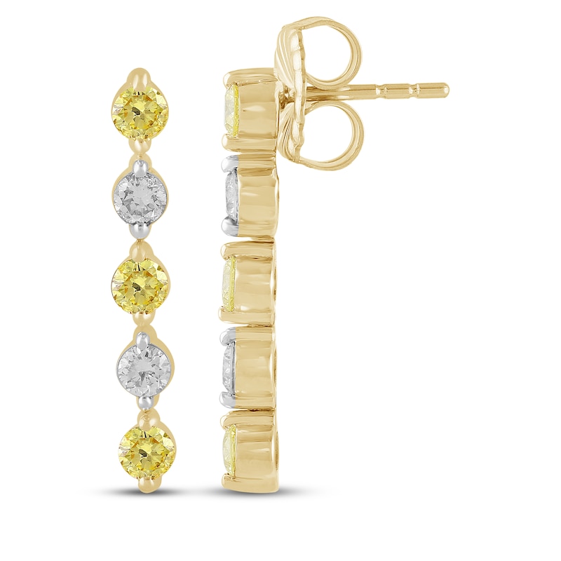 Main Image 3 of Yellow & White Lab-Grown Diamond Alternating Drop Earrings 1 ct tw 10K Yellow Gold