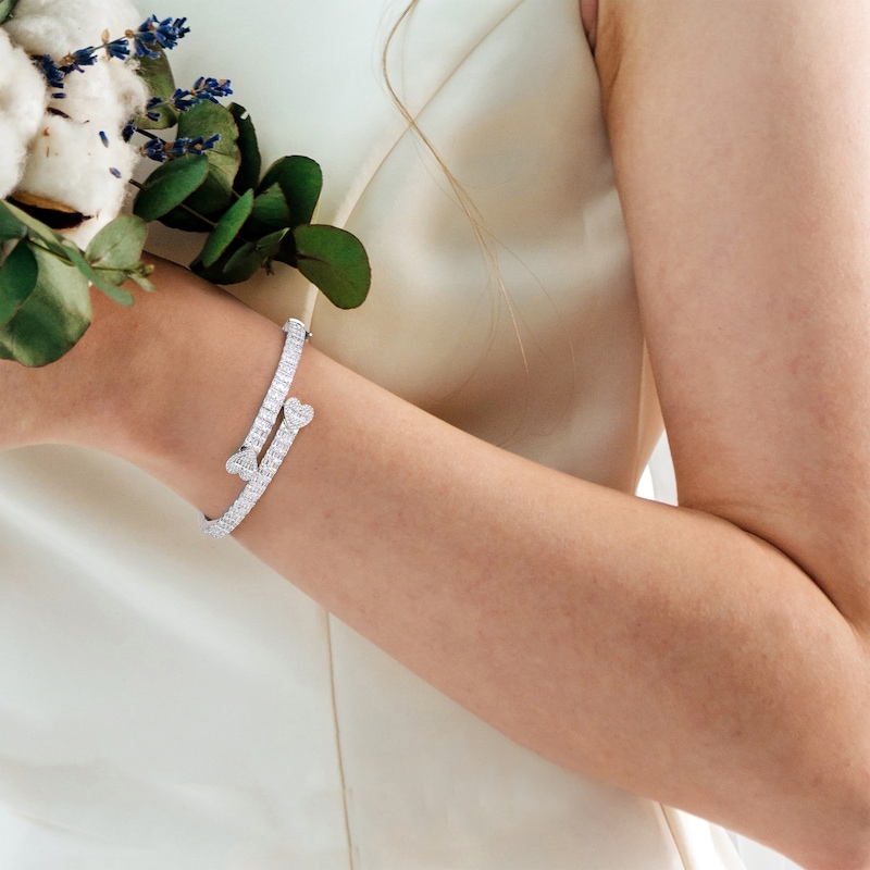 Main Image 5 of Baguette & Round-Cut Multi-Diamond Heart Bangle Bracelet 2 ct tw 10K White Gold
