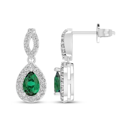 Pear-Shaped Lab-Created Emerald & White Lab-Created Sapphire Dangle Earrings Sterling Silver