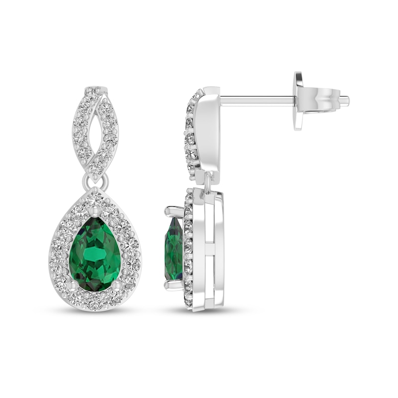 Main Image 1 of Pear-Shaped Lab-Created Emerald & White Lab-Created Sapphire Dangle Earrings Sterling Silver