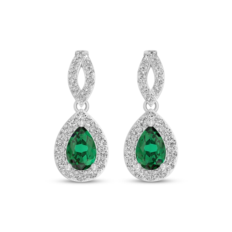 Main Image 2 of Pear-Shaped Lab-Created Emerald & White Lab-Created Sapphire Dangle Earrings Sterling Silver