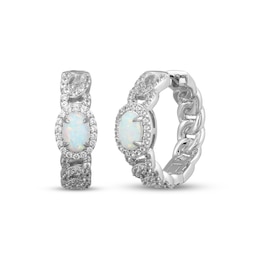 Oval-Cut Lab-Created Opal & White Lab-Created Sapphire Chain Link Hoop Earrings Sterling Silver
