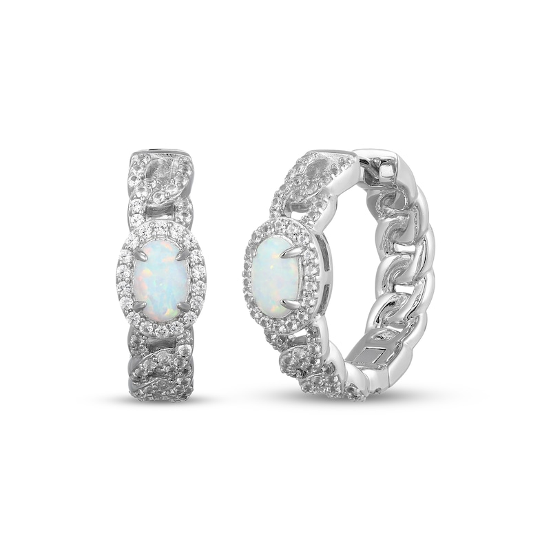 Main Image 1 of Oval-Cut Lab-Created Opal & White Lab-Created Sapphire Chain Link Hoop Earrings Sterling Silver