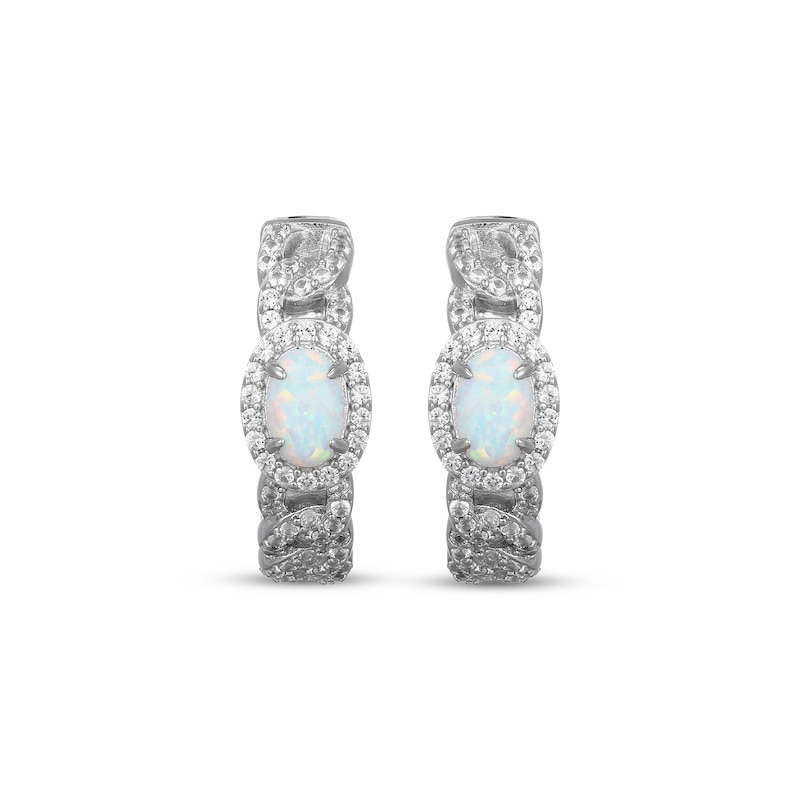 Main Image 2 of Oval-Cut Lab-Created Opal & White Lab-Created Sapphire Chain Link Hoop Earrings Sterling Silver