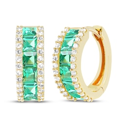 Square-Cut Lab-Created Emerald & White Lab-Created Sapphire Hoop Earrings 10K Yellow Gold