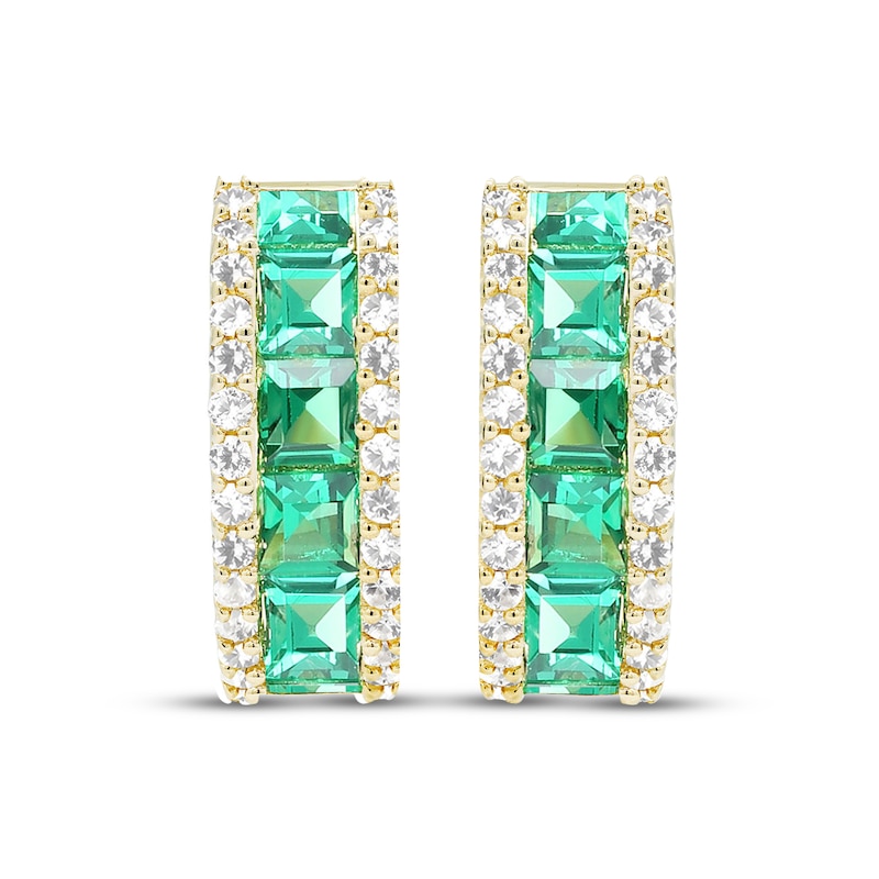 Main Image 2 of Square-Cut Lab-Created Emerald & White Lab-Created Sapphire Hoop Earrings 10K Yellow Gold