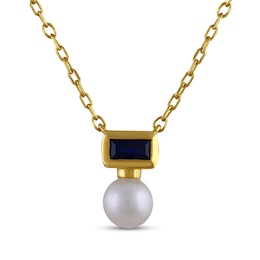 STUDIO BY KAY Cultured Pearl & Baguette-Cut Blue Lab-Created Sapphire Necklace 24K Yellow Gold Vermeil Sterling Silver 18"
