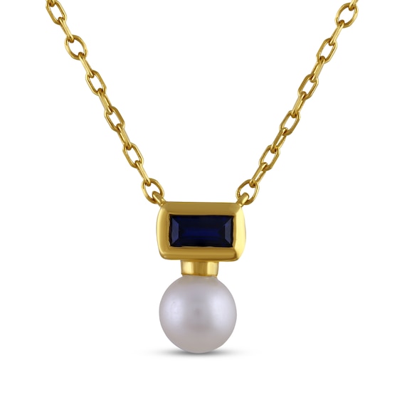 STUDIO BY KAY Cultured Pearl & Baguette-Cut Blue Lab-Created Sapphire Necklace 24K Yellow Gold Vermeil Sterling Silver 18"