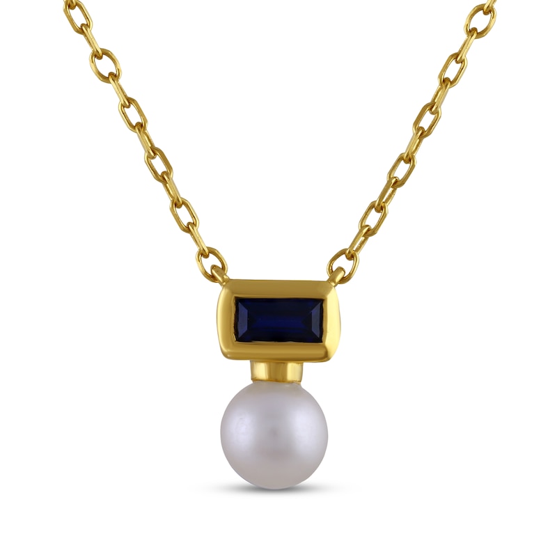 Main Image 1 of STUDIO BY KAY Cultured Pearl & Baguette-Cut Blue Lab-Created Sapphire Necklace 24K Yellow Gold Vermeil Sterling Silver 18"