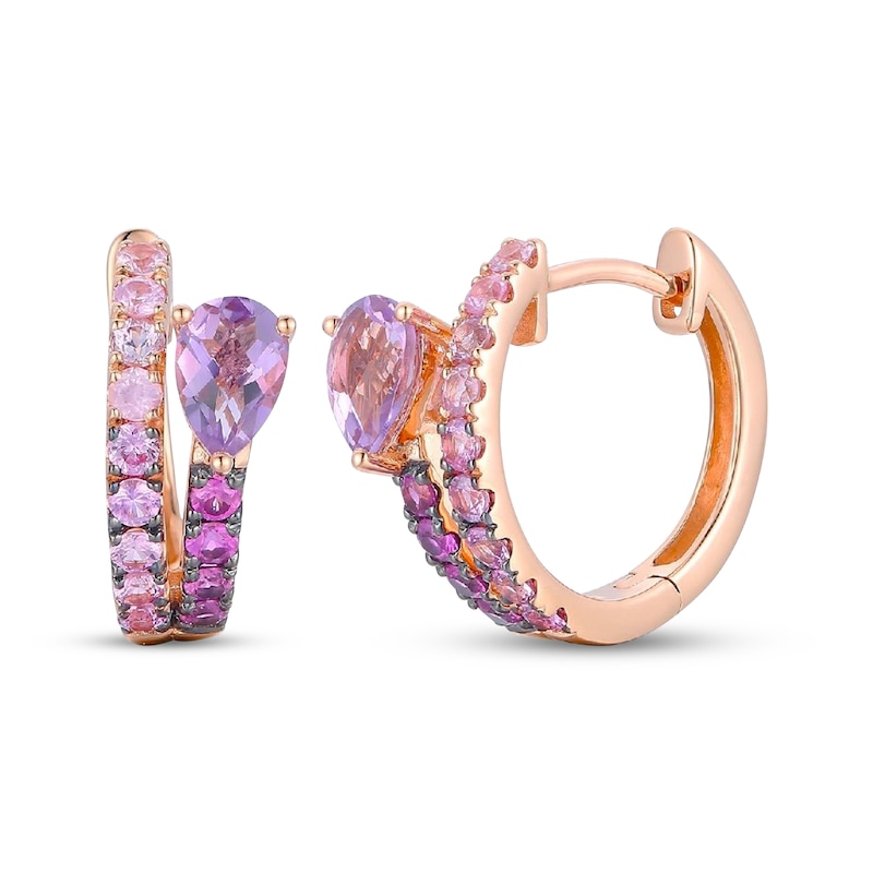 Main Image 1 of Le Vian Good Karma Pear-Shaped Amethyst & Pink Sapphire Hoop Earrings 14K Strawberry Gold