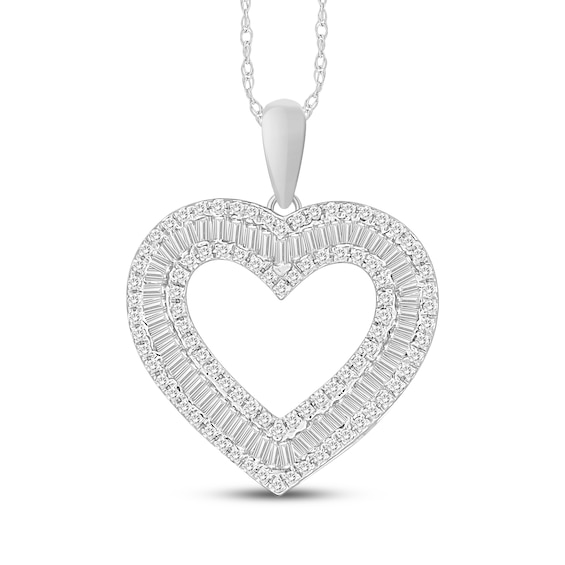 Baguette & Round-Cut Diamond Three-Row Heart Outline Necklace 1/2 ct tw 10K White Gold 18"