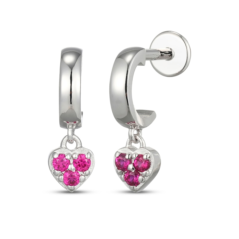 Main Image 1 of STUDIO BY KAY Lab-Created Ruby Pavé Heart Dangle J-Hoop Earrings Sterling Silver